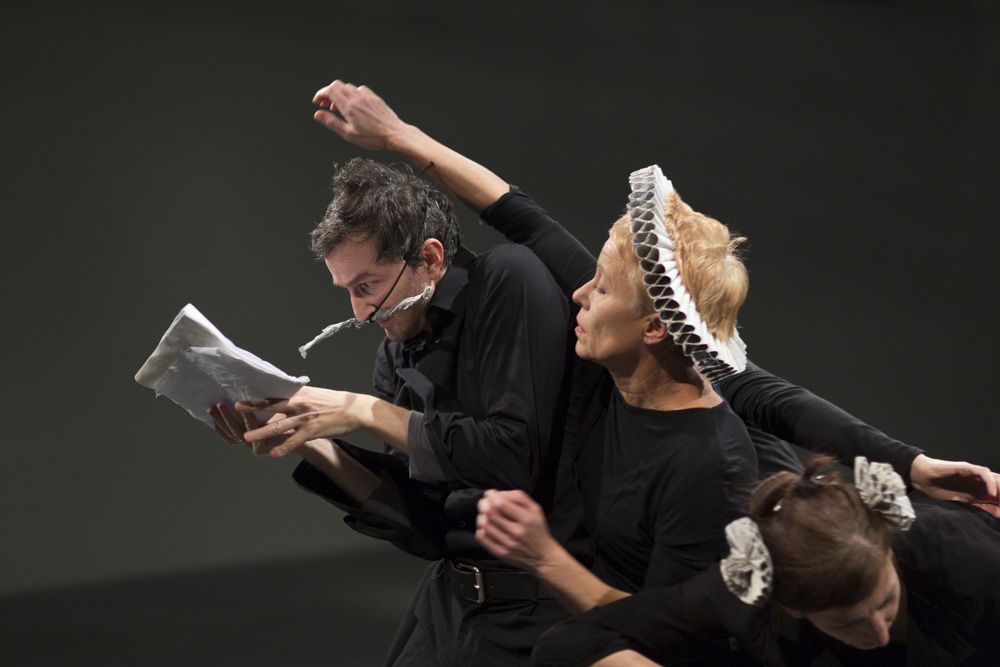 Pablo Picasso's Desire Caught by the Tail directed by Barbara Novakovič Kolenc, as the last part of her Source Image trilogy produced by Muzeum Institute, staged at the Jakopič Gallery, 2014. From left to right: Ivan Peternelj, Mateja Rebolj, Sanja Nešković Peršin