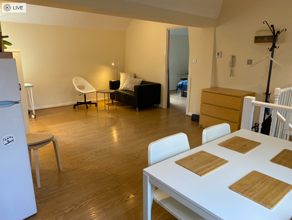 Slovene Arts and Culture Residency in London, kitchen and living room, 2023