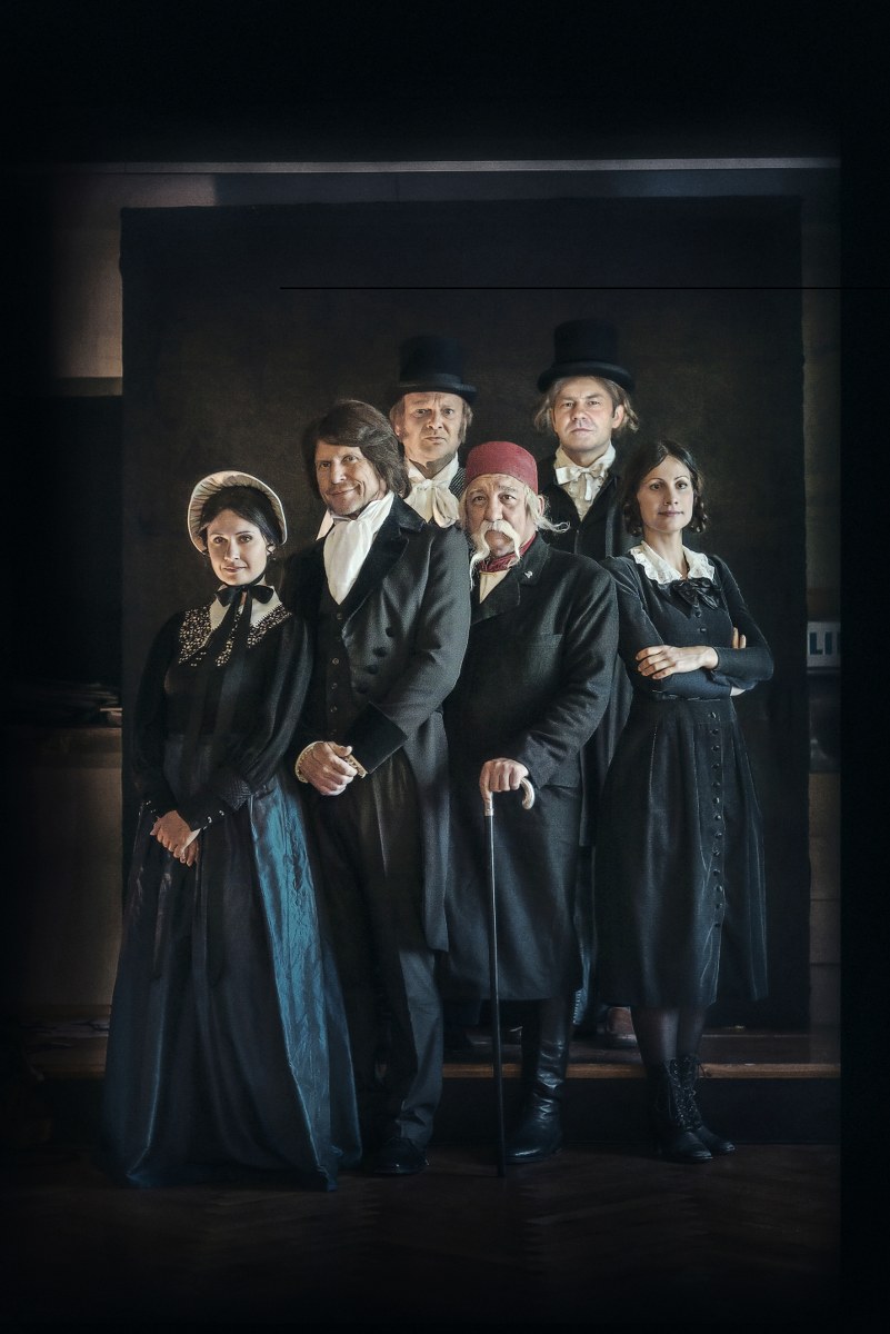 Ivo Svetina's play ABC oder KRIEG, quasi una fantasia directed by Barbara Novakovič Kolenc, set in the 1830s in Vienna, a meeting place of literary personalities France Prešeren, Matija Čop, Jernej Kopitar, Vuk Karadžić. Production: Muzeum Institute, Prešeren Theatre Kranj, Cankarjev dom, and Opera & Theatre Madlenianum, Belgrade, 2015. From left to right: Vesna Pernarčič, Borut Veselko, Peter Musevski, Ivan Bakjarev, Jure Ivanušič, Aleksandra Balmazović