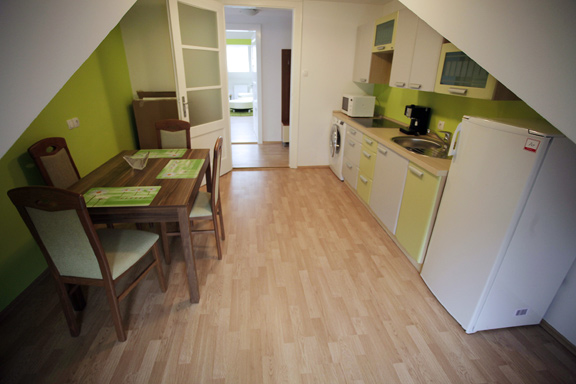 File:Residence Centre Cankarjeva 2026 green appartment kitchen Archive JSKD.jpg