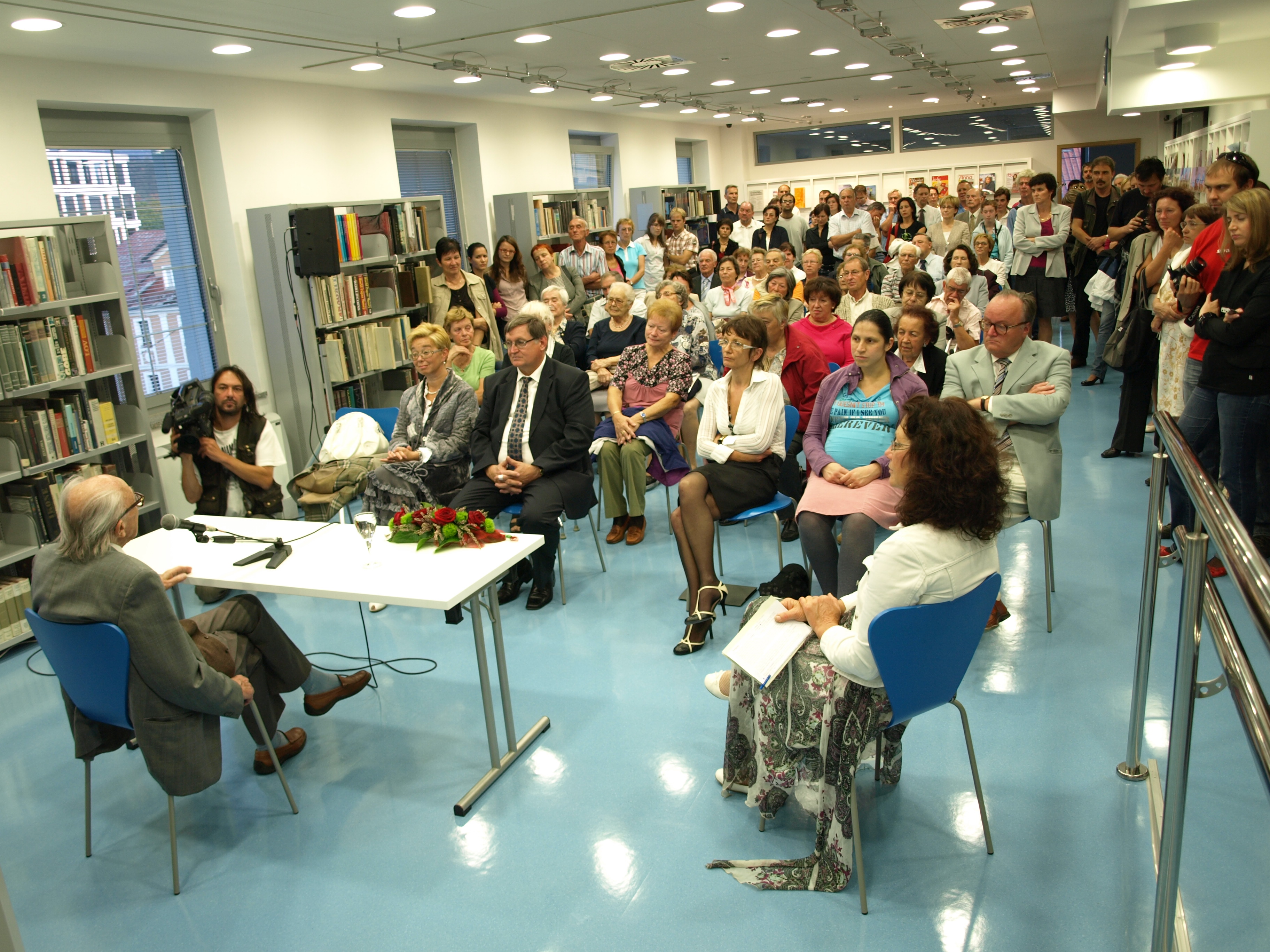 Beno Zupančič Library Postojna organises frequent literary evenings and book events, pictured is an event with Slovene writer and Nobel nominee Boris Pahor (born 28 August 1913), 2009