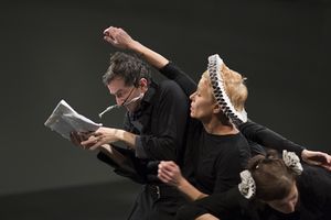 Pablo Picasso's <i>Desire Caught by the Tail</i> directed by <!--LINK'" 0:868-->, as the last part of her <i>Source Image</i> trilogy produced by <!--LINK'" 0:869-->, staged at the <!--LINK'" 0:870-->, 2014. From left to right: <!--LINK'" 0:871-->, <!--LINK'" 0:872-->, <!--LINK'" 0:873-->