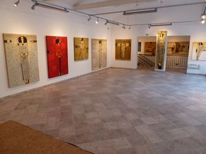 The gallery space at the <!--LINK'" 0:101--> information centre in Kobarid, where they hold various exhibitions and have hosted, for example, a work by the the <!--LINK'" 0:102-->.