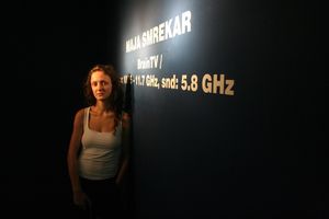 Portrait of artist <!--LINK'" 0:260--> during her installation <i>BrainTV</i> at <!--LINK'" 0:261-->, Ljubljana