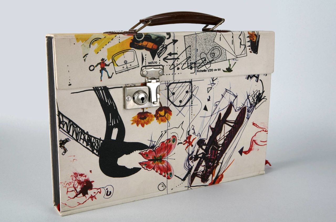 Jean Tinguely: Meta (Signed Drawing) by K.G. Pontus Hulten and Jean Tinguely, Paris, 1973. An artist's book object bound as a suitcase with lock closure and handle, MGLC collection.