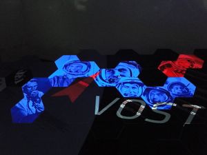 The exhibition <i>Sky is black, Earth is blue</i>, dedicated to Yuri Gagarin, prepared by the <!--LINK'" 0:823--> team at the opening <!--LINK'" 0:824-->, 2011