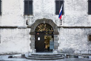 The front door of the 13th-century fortress, now accommodating the <!--LINK'" 0:954--> with its rich collection of paintings, cultural and historical artefacts, and rooms for occasional exhibitions and symposia.