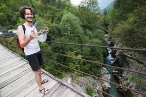 Klemens Kohlweis with his parabolic directed microphone above Soča river, <!--LINK'" 0:870-->, 2018.