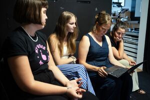 A peer2peer meeting of the DSAF resident Naomi van Niekerk with Slovene animators <!--LINK'" 0:139-->, <!--LINK'" 0:140--> and <!--LINK'" 0:141--> (from left to right). <!--LINK'" 0:142--> Studio, September 2024.