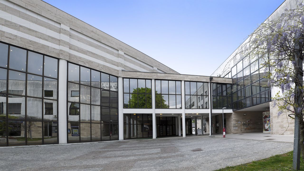 The main entrance to the Kosovel Culture House Sežana, a regional cultural centre, 2014