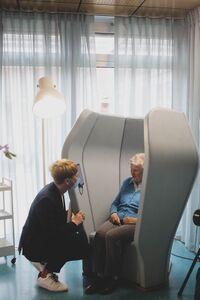 <!--LINK'" 0:525--> artistic director Aljaž Koprivnikar at the senior citizens home DSO Fužine, where he presented FabulaFotelj, a special project of the festival's 2022 edition. The interactive and movable armchair equipped with audiobooks was created together with <!--LINK'" 0:526-->.