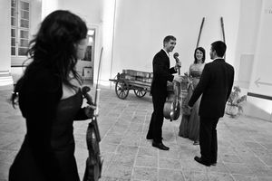 Božena Angelova, Tomaž Sevšek, Domen Marinčič (all musica cubicularis), and Barbara Kozelj, mezzosoprano, before the concert at the Radovljica Manor in 2010