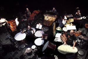 Group portrait of <!--LINK'" 0:524--> and pianist Milko Lazar at the <i>Shiver: Sound on Skin</i> performance in Cankarjev dom, 2009