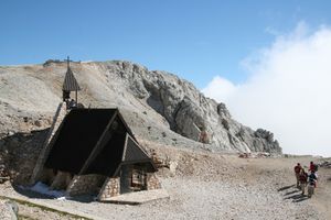 Chapel, Mary of the Snows (Kapela Marije Snežne), Kredarica, <!--LINK'" 0:620-->. First chapel built in 1886 by <!--LINK'" 0:621-->, rebuilt in 1992.