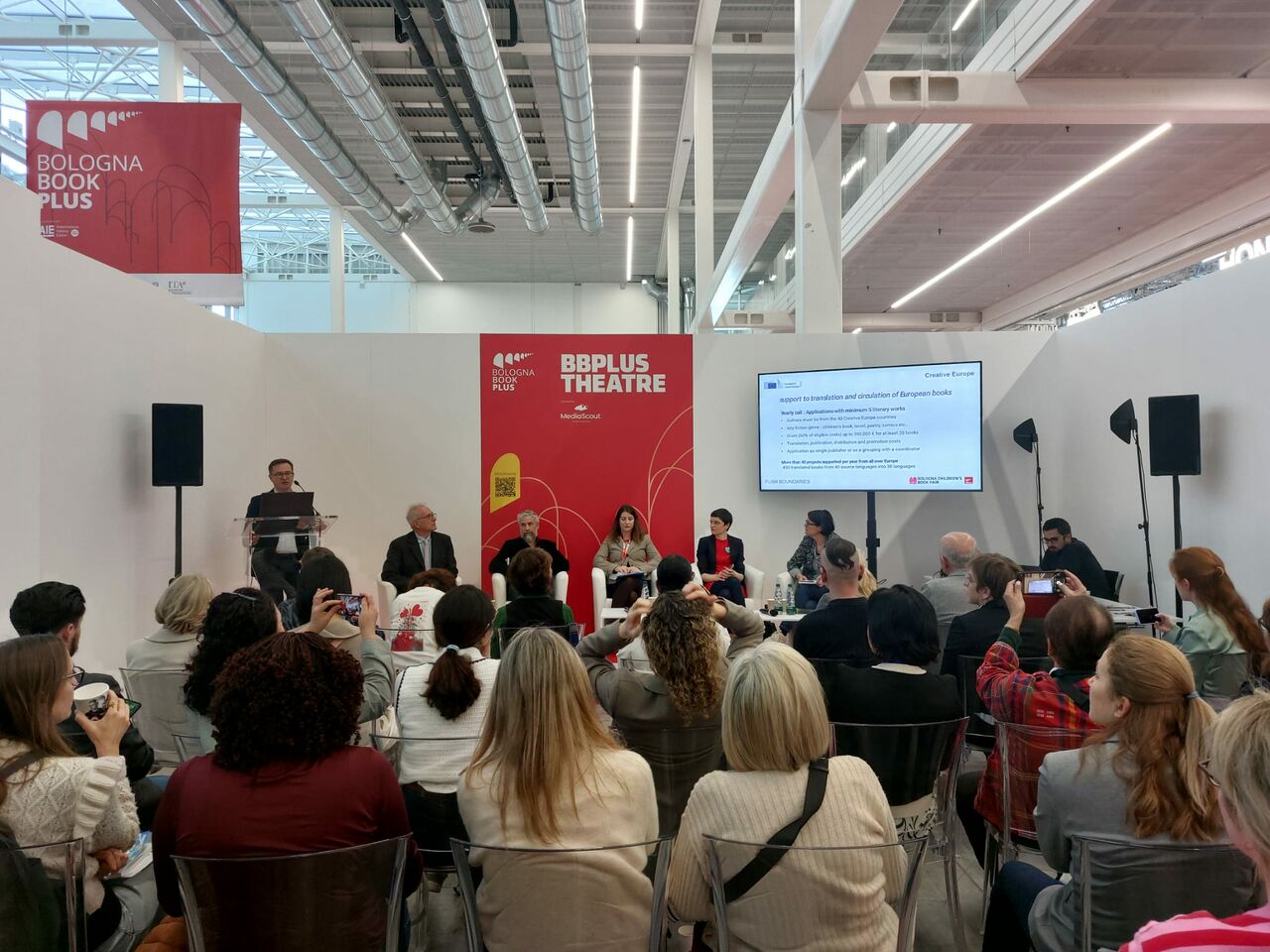 The panel discussion at the Bologna Children's Book Fair 2025 about the EU funding opportunities for literature and publishing sector.