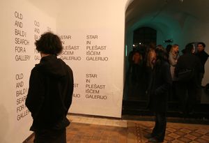 The opening of the <i>Article 23</i> exhibition, curated by <!--LINK'" 0:810-->, <!--LINK'" 0:811-->, 2008. On the wall: posters by Goran Trbuljak, Croatian conceptual artist.