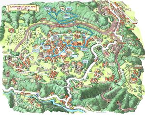 The pictorial map of Kal with the stonecutting educational trail. Drawn by <!--LINK'" 0:213--> for Štirna Kal Society.