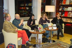 Vili Rezman (second from the left) presenting his awarded work in <i>Konzorcij</i>, at <!--LINK'" 0:477--> during Fabula Festival of Stories, 2009