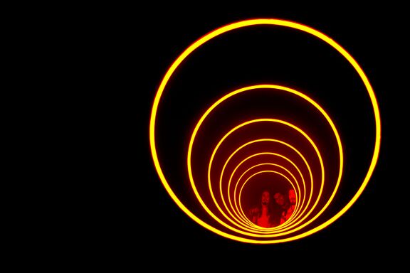 The light-sound installation Portal by the authorial group Beam Team (Stella Ivšek, Anja Romih, Aleš Zupanc, Črt Trkman) at the 23rd Lighting Guerrilla Festival at Match Gallery, Ljubljana 2023. Author: DK