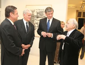 The opening of the exhibition <i>Two Worlds. The work of Bogdan Grom 1938&ndash;2008</i> at the <!--LINK'" 0:387--> in 2010. <!--LINK'" 0:388-->, Slovene painter, illustrator, sculptor, stage and graphic designer was born in Trieste, since 1957 living in the USA.