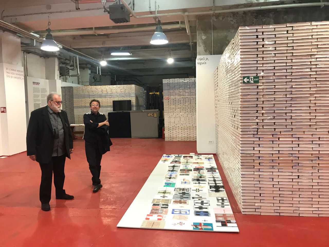 The group exhibition Radical Geometries at the Lexart Depot in Zagreb features also the installation by Roman Uranjek, 2021. The artists (from left to right) Dean Jokanović Toumin and Roman Uranjek.