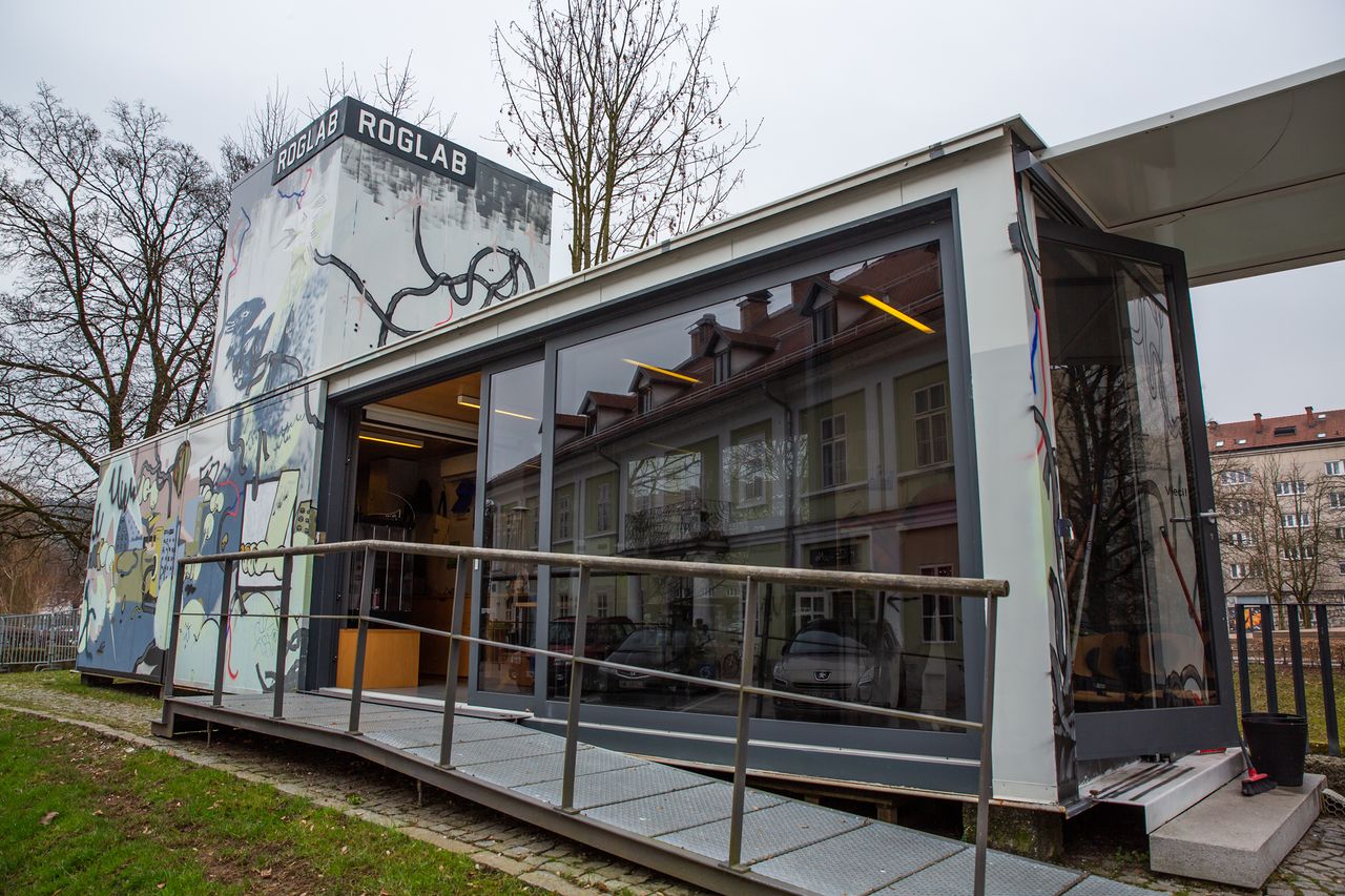 The exterior of RogLab, a cultural facility, serving as an interdisciplinary space for education, research and production.