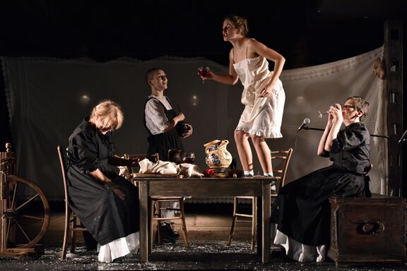 Photo of the author's project, based on the motifs of Slovenian folk songs, titled Women in dough, directed by Živa Bizovičar, Slovenian National Theatre Drama Ljubljana. The play was honored with the Šeligo Award at the Week of Slovenian Drama in 2023. Photo: Peter Uhan