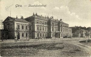 The building of today's Nova Gorica railway station, a postcard from the early 1920s. (Photo from the regional library portal <!--LINK'" 0:530-->.)