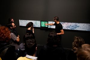 <!--LINK'" 0:897--> presenting their interactive installation project <i>Modux 3.4</i> at <i>Ars Electronica</i>, Linz, 2008