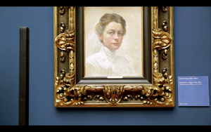 A still frame from <!--LINK'" 0:444--> promo video featuring <!--LINK'" 0:445-->'s self-portrait in the <!--LINK'" 0:446-->. Kobilica (1861&ndash;1926) was at the time the most prominent women painter who worked in Vienna, Munich, Paris, Sarajevo, Berlin, and Ljubljana. 2013