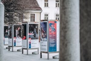 Photos of the exhibition of posters in front of <!--LINK'" 0:611-->, featuring productions of the 53rd <!--LINK'" 0:612-->. Photo: Maša Pirc