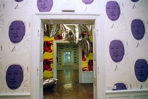 Installation of Andy Warhol's <i>Mao</i> wallpaper (1972) and <i>Silver Clouds</i>, in <i>Fundamina</i>, Zoran Mušič, Andy Warhol, and Mimmo Paladino, 24th <!--LINK'" 0:278-->, <!--LINK'" 0:279-->, 2001.
