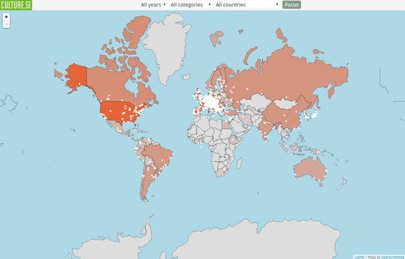 Online version (printscreen) of interactive Culture from Slovenia World Map, featuring events collected 2010-2014.
