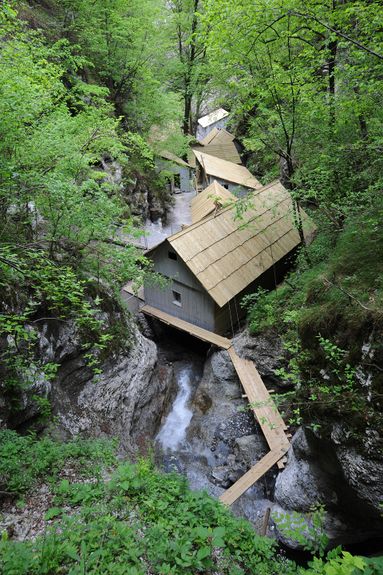 A view of the reconstructed barracs of the Franja Partisan Hospital in May 2010