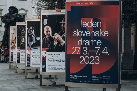 Photos of the exhibition of posters in front of Prešeren Theatre Kranj, featuring productions of the 53rd Week of Slovenian Drama. Photo: Maša Pirc