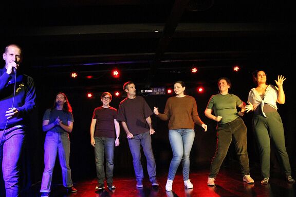 Improviser Peter Frankl and the improv class group Awkward Silence performing at the Pionirski Theatre in 2025.