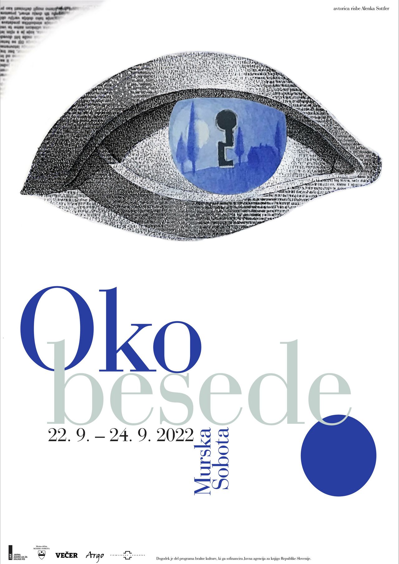 Poster for the festival Eye of the Word (Oko besede) in 2022, made by Slovenian painter and illustrator Alenka Sottler.