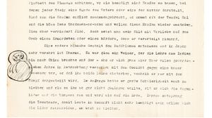 A sketch of the Japanese Dharuma figure in the margins of Alma Karlin's unpublished manuscript on religious beliefs and practices in the Far East. Alma Karlin Estate, Manuscript Collection, <!--LINK'" 0:125-->, MS 1872.