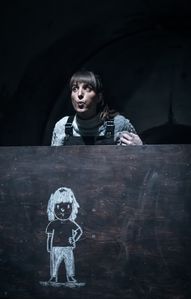 The staging of <i>Nekje drugje</i> (Somewhee else), a 'puppet' play by <!--LINK'" 0:1242--> and starring <!--LINK'" 0:1243-->, depicting the horrors of war through children's eyes, 2016