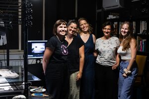 A peer2peer meeting with the DSAF resident <!--LINK'" 0:132--> and Slovene animators. organised by the  <!--LINK'" 0:133--> at the <!--LINK'" 0:134--> Studio, 2024. From left to right <!--LINK'" 0:135-->, <!--LINK'" 0:136-->, Naomi van Niekerk, <!--LINK'" 0:137-->, and <!--LINK'" 0:138-->.